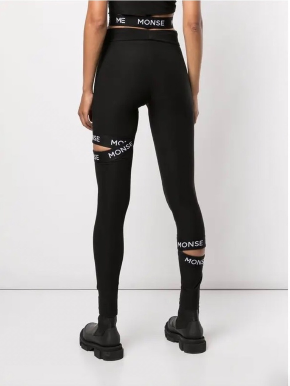 Monse Black Logo-Trim Cut-Out Leggings & One-Shoulder Zigzag Crop Top Sz M